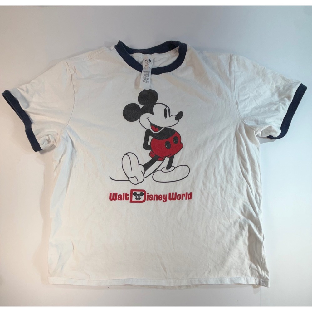 Disney Mickey Mouse Walt Disney World Ringer T-Shirt White Navy Blue XL Retro